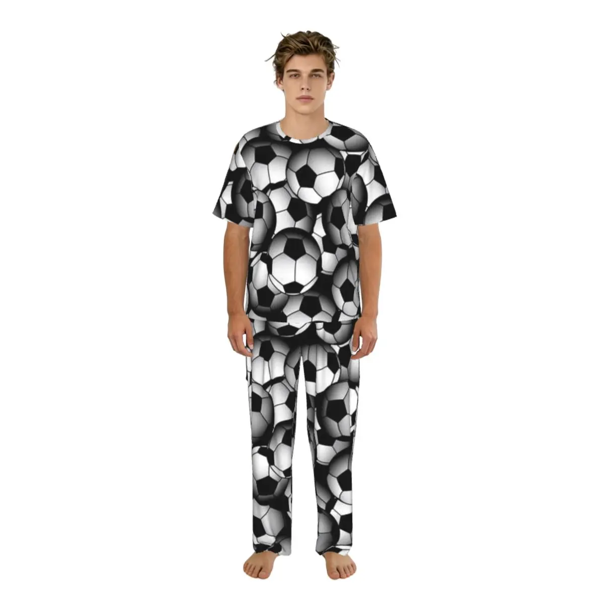 

Men's Casual Pajamas Sets Short Sleeve and Pants Sets Male Sleepwear Soccer Balls Home Clothes