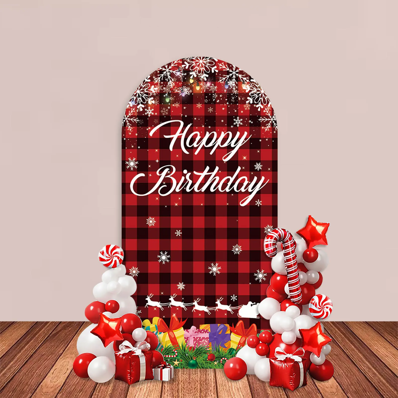 Christmas Happy Birthday Arch Backdrop Cover Black Red Checker Grid Snowman Santa Claus Gift Xmas Tree Party Decor Background