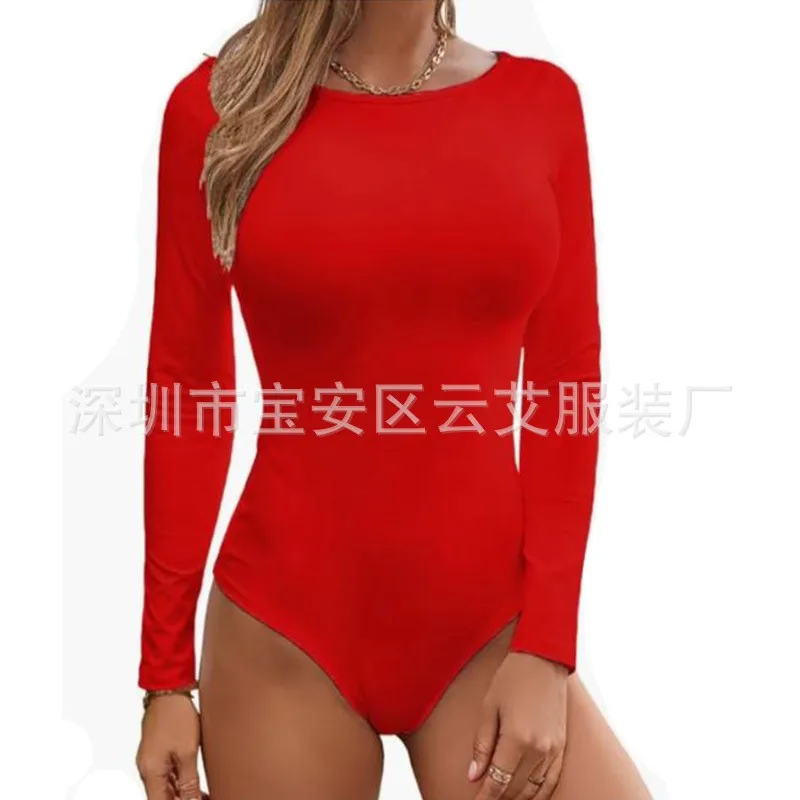 Women's Long Sleeve Solid Color Skinny Capri Jumpsuit Mid Waist Fitted Round Neck Bodycon One-Piece Outfit for Spring Summer
