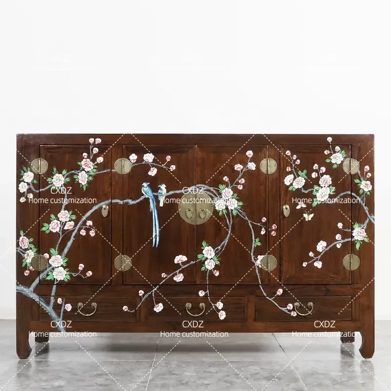 New Chinese Hand Painted Entrance Locker Shoe Cabinet Classical Pastoral Style Flower Bird Dining Side Cabinet TV Storage