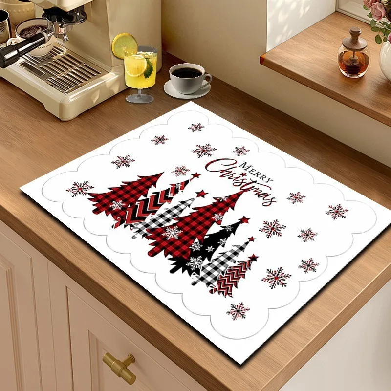 Dish Drying Mat Welcome Sign Christmas Tree Pad Super Absorbent Checkered Tartan Cushion Kitchen Countertop Protection