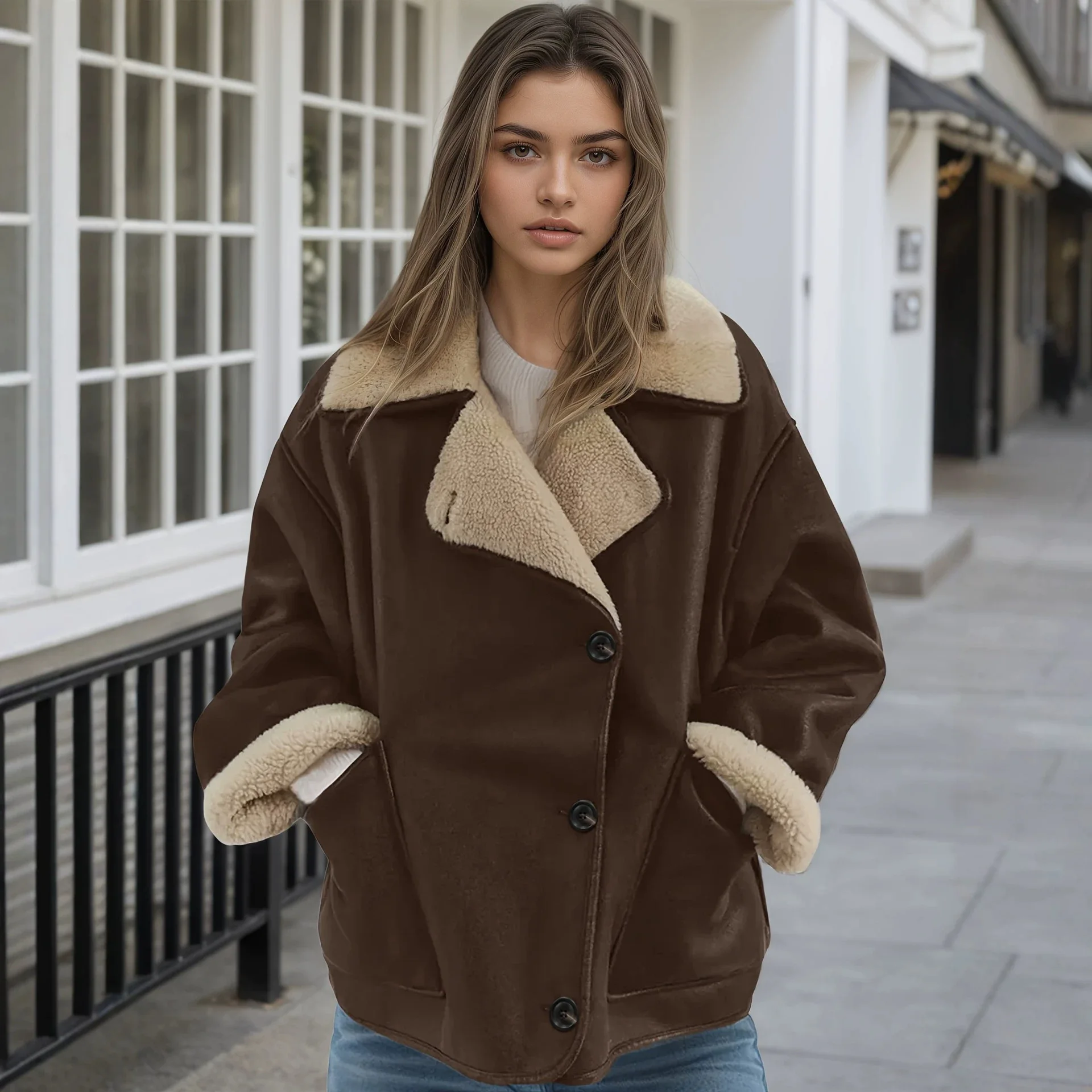 Winter Warm Ladies Faux Fur Shearling Coat Big Lapel Collar Double Sided Button Up Long Sleeve Outerwear Jacket