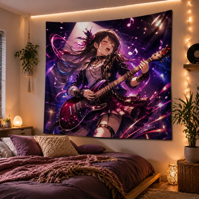 VIKAMA Rock Guitar Girl Anime Tapestry, Purple Stage Music Note Wall Hanging, Bedroom and Living Room Backdrop Decoration