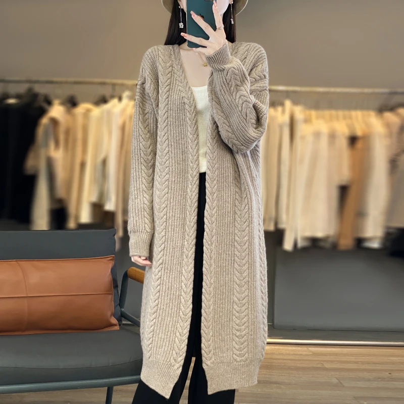 

High Quality Women Long Cardigan Autumn Winter Wool Sweater Coat Thick Grace Casual Loose 100% Merino Wool Knitwear Overcoat