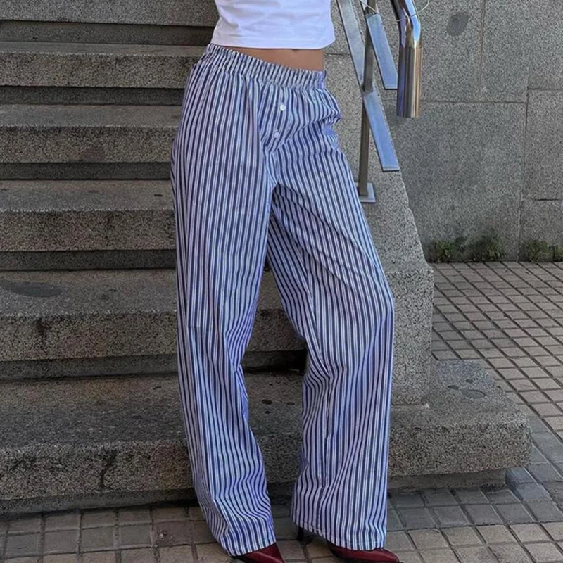 Maemukilabe pantaloni della tuta da donna a righe Plaid Patterm pantaloni a gamba larga a vita alta Y2K pantaloni estetici Vintage Retro Streetwear