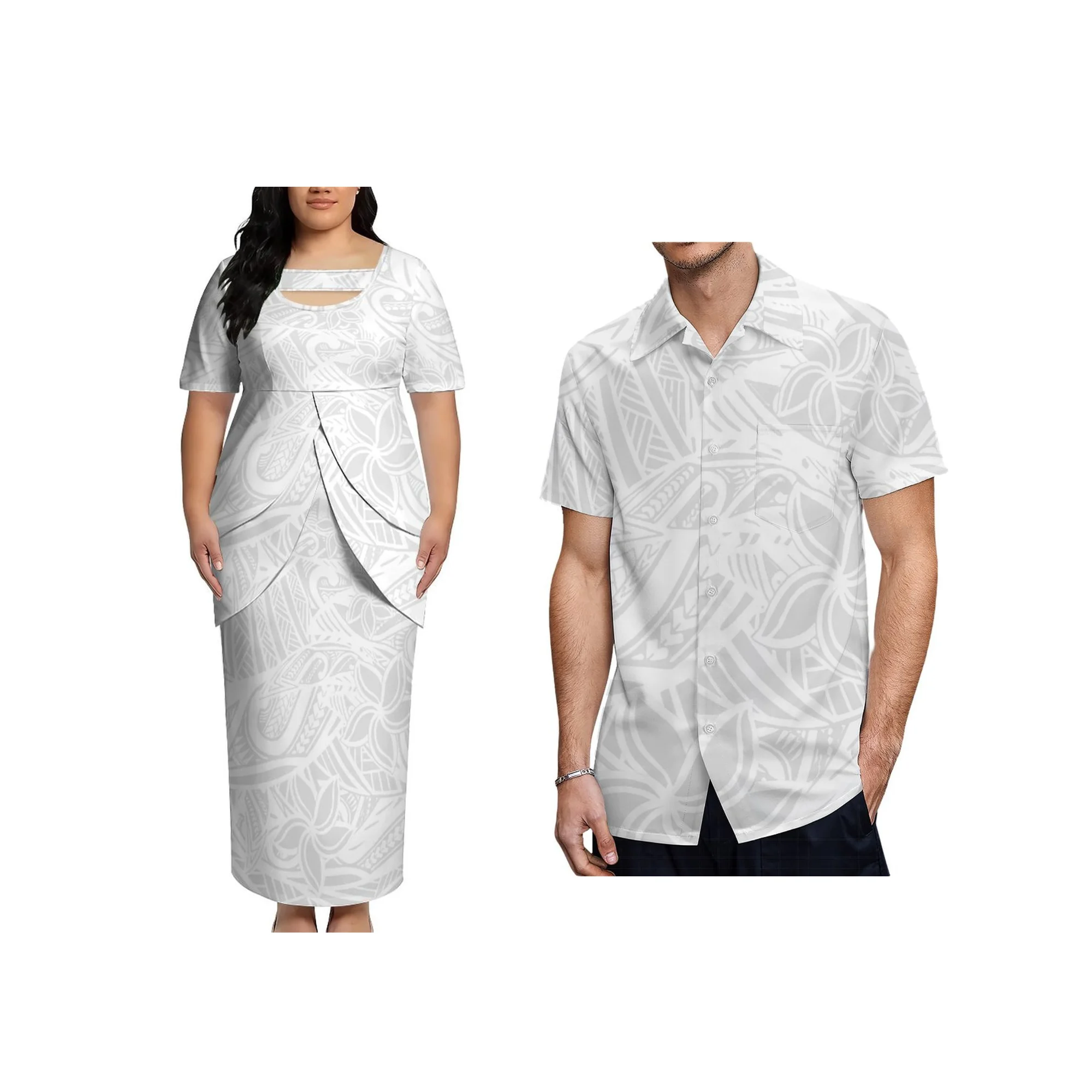 

Plus Size Polynesian Tribal Half Sleeve White Puletasi Top and Skirt Two Piece O-Neck Dress Hawaii Tribal Print Puletasi Dress