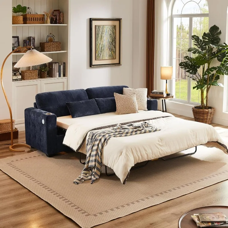 Pull Out Sofa Bed, Chenille Queen Size Sleeper Sofa Bed with Cup Holder, USB Port, 83 inch 2-in-1 Convertible Couch Bed with Mem