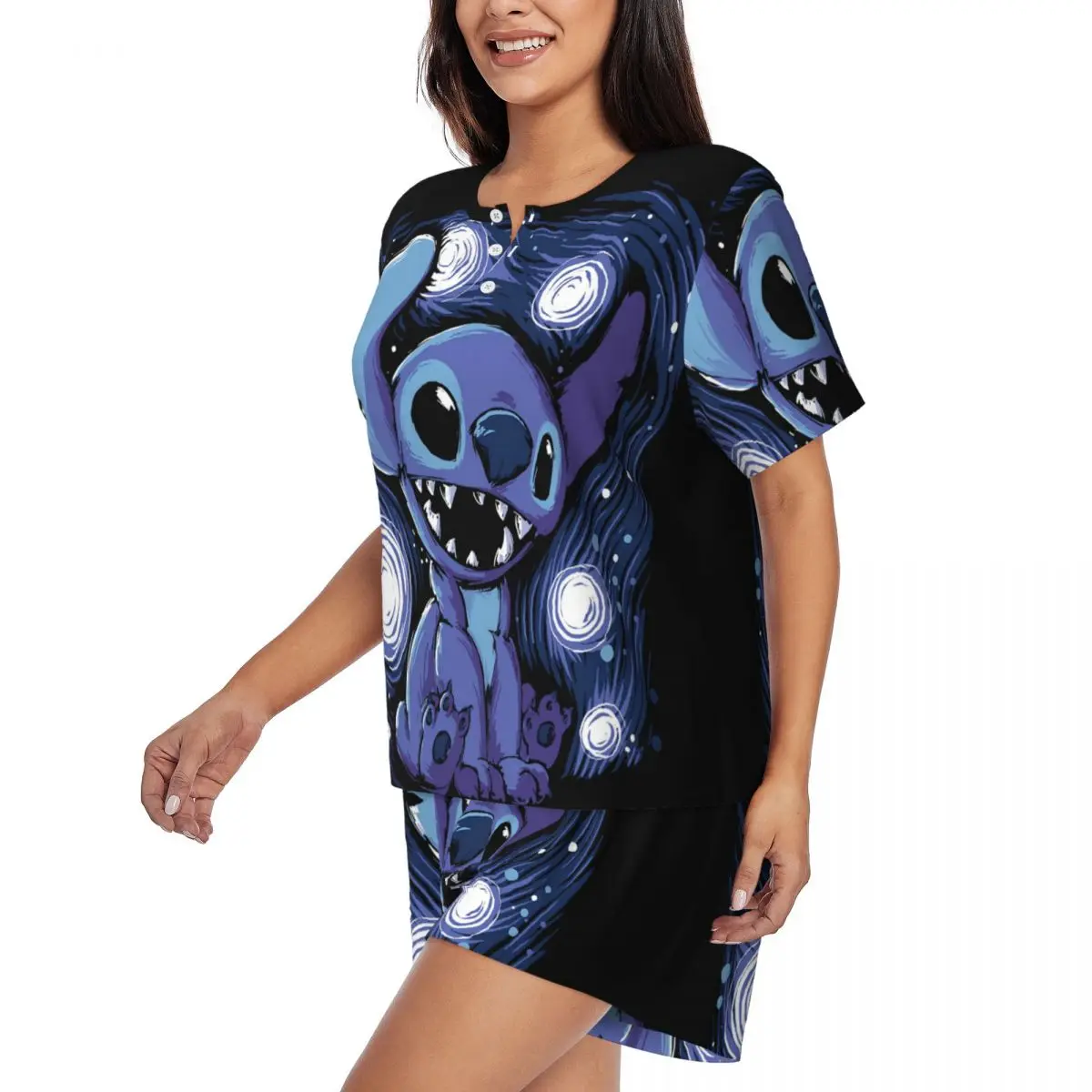 Custom Cartoon Anime Manga Stitch Pajamas Set Womens Short Sleeve Sleepwear Loungewear 2 Piece Pjs