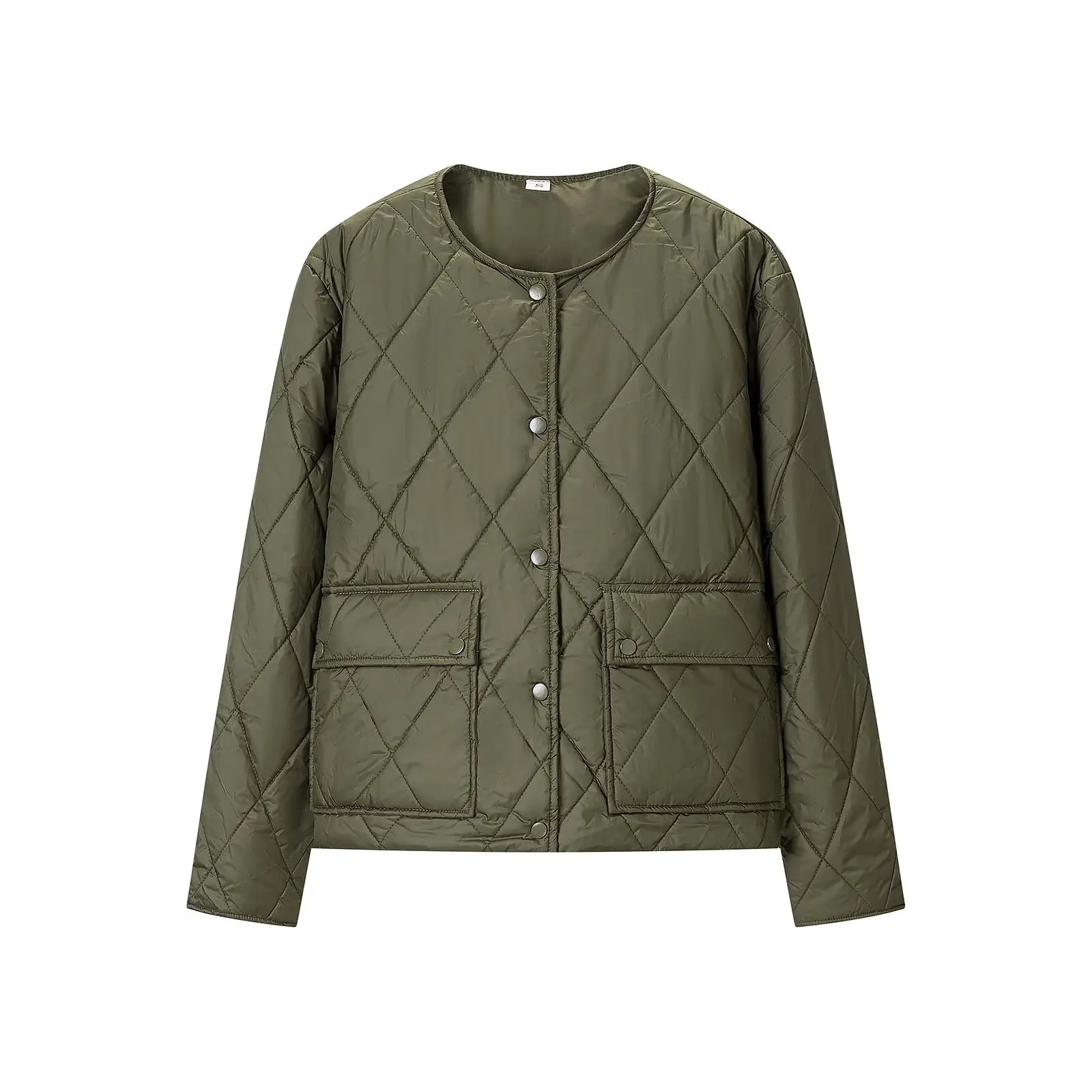 Autumn Winter Women Army Green Plaid Quilted Coat O Collar Front Pockets Thin Quilting Long Sleeve Loose Warm Jacket Outerwear