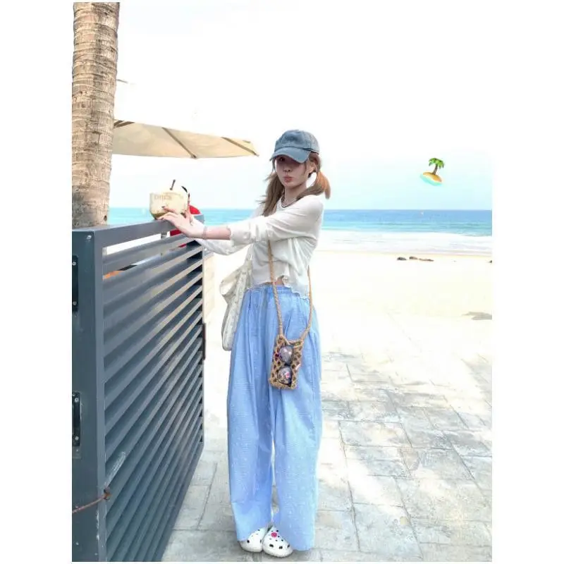 Calças de perna larga vintage das mulheres primavera modal malha cordão leitoso pêssego personalizado concurso agrupado bandagem estética retro