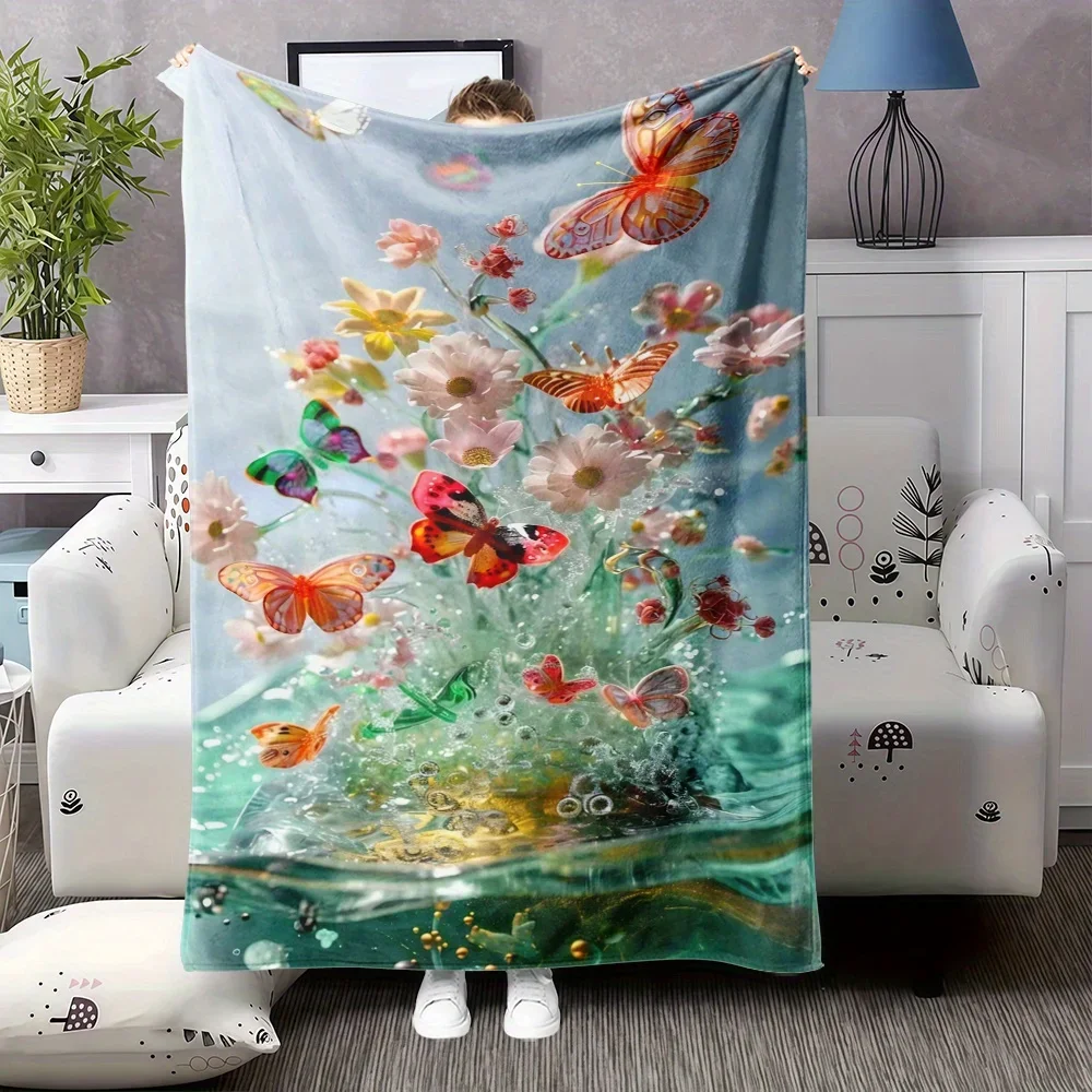 pc Luxury Soft Plush Flannel Blanket  Turquoise Blue  Multicolor Butterfly  Floral Print with Golden Accent AllSeason Cozy