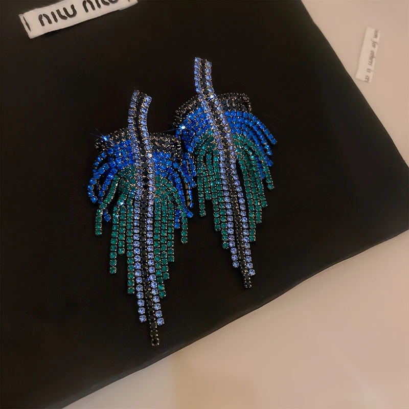 Full Rhinestone Long Tassel Earrings Women Blue Color Fashion Geometric Drop Earring Statement Accessories Party Gifts