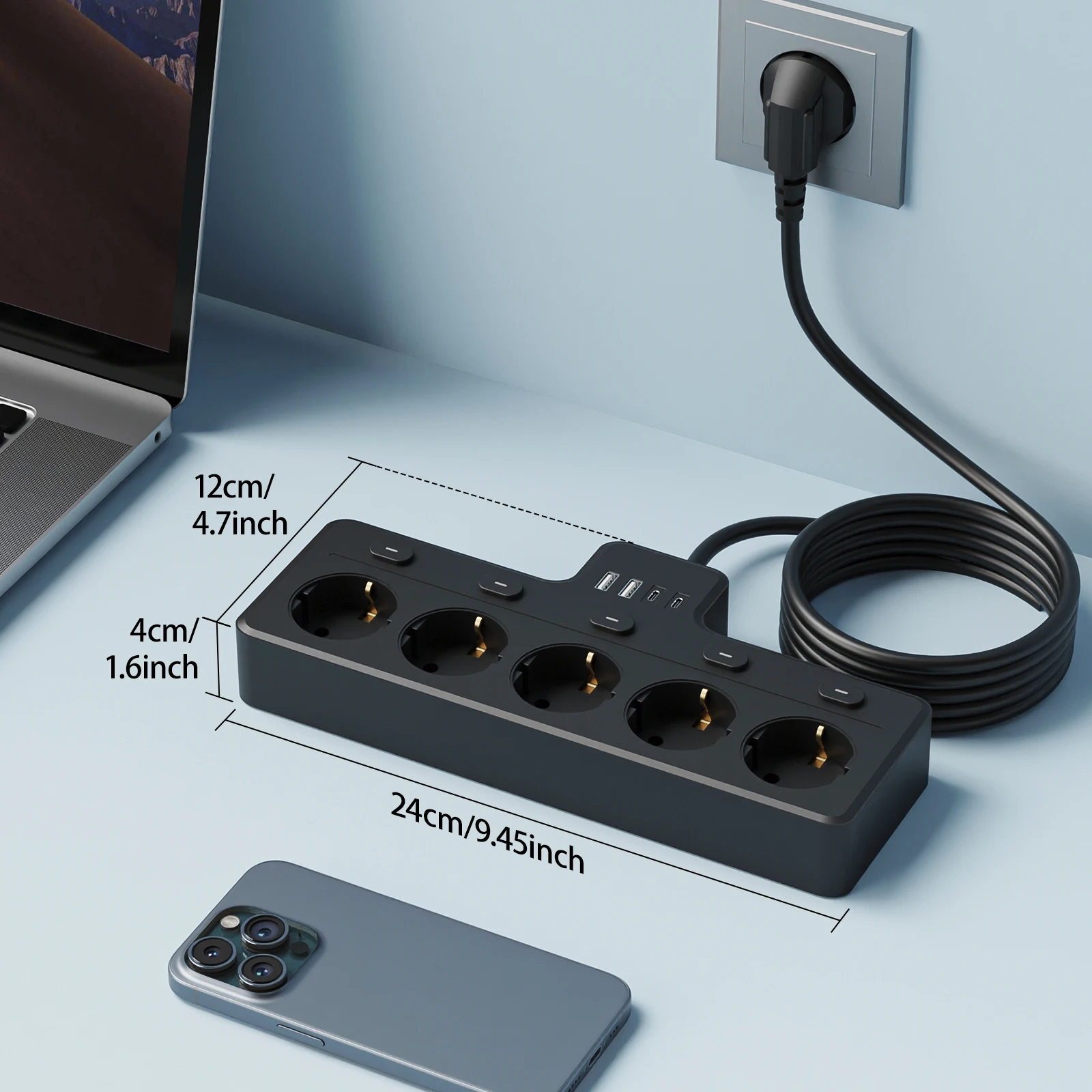 1-in-9 EU power strip, multi-switch power adapter, 5 AC sockets and 2 USB 2 Type-C ports, wall charger station, suitable for hom
