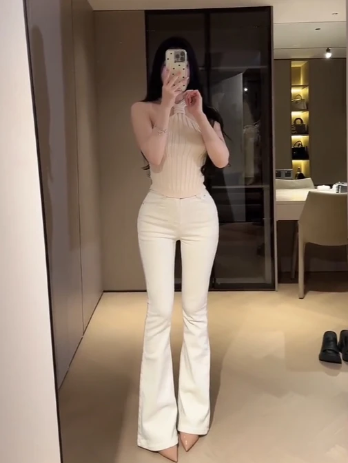 

Джинсы с высокой талией и расклешенными штанинами в корейском стиле, женские, из хлопкового стрейч-денима, с эффектом утяжки живота и подтяжки ягодиц, молочно-белые, для повседневной носки