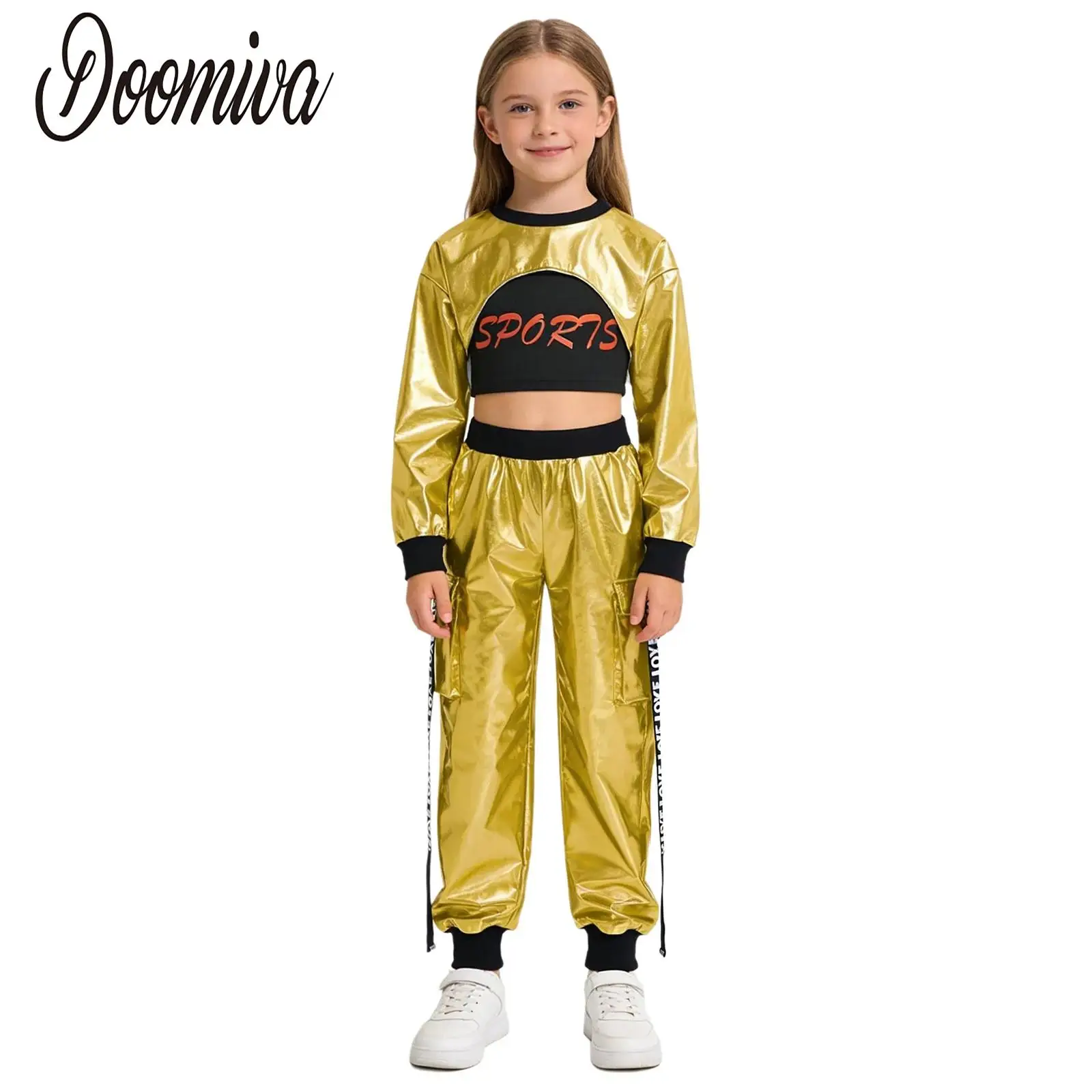 

Kids Girls Hip Hop Jazz Dance Performance Outfits Modern Street Dance Costume Metallic Pullover Top Vest and Pants Set Dancewear