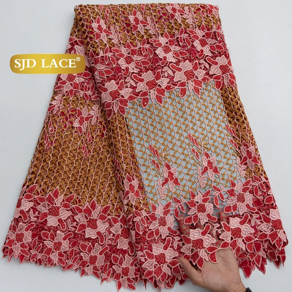 SJD LACE Afrikanischer Guipure-Spitzenstoff mit Steinen, 5 Yards, 2026, neuer nigerianischer wasserlöslicher Spitzenstoff für Damen-Hochzeits- und Partykleider 5063