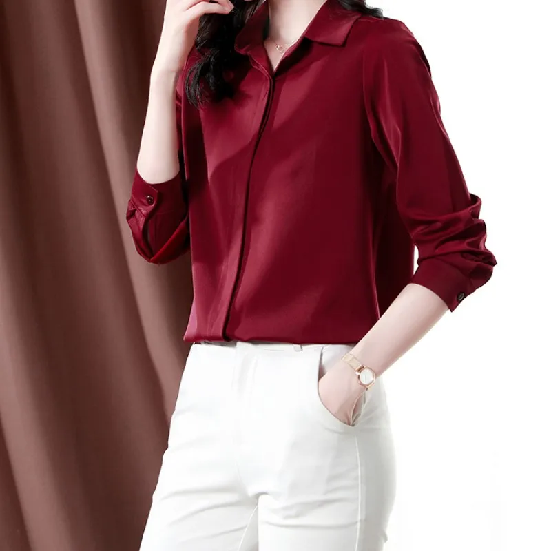 

Satin Women Shirt Chiffon Solid Long Sleeve Blouse Women Basic Silk Women Office Tops Fashion Woman Blouses 2023 Female Clothing