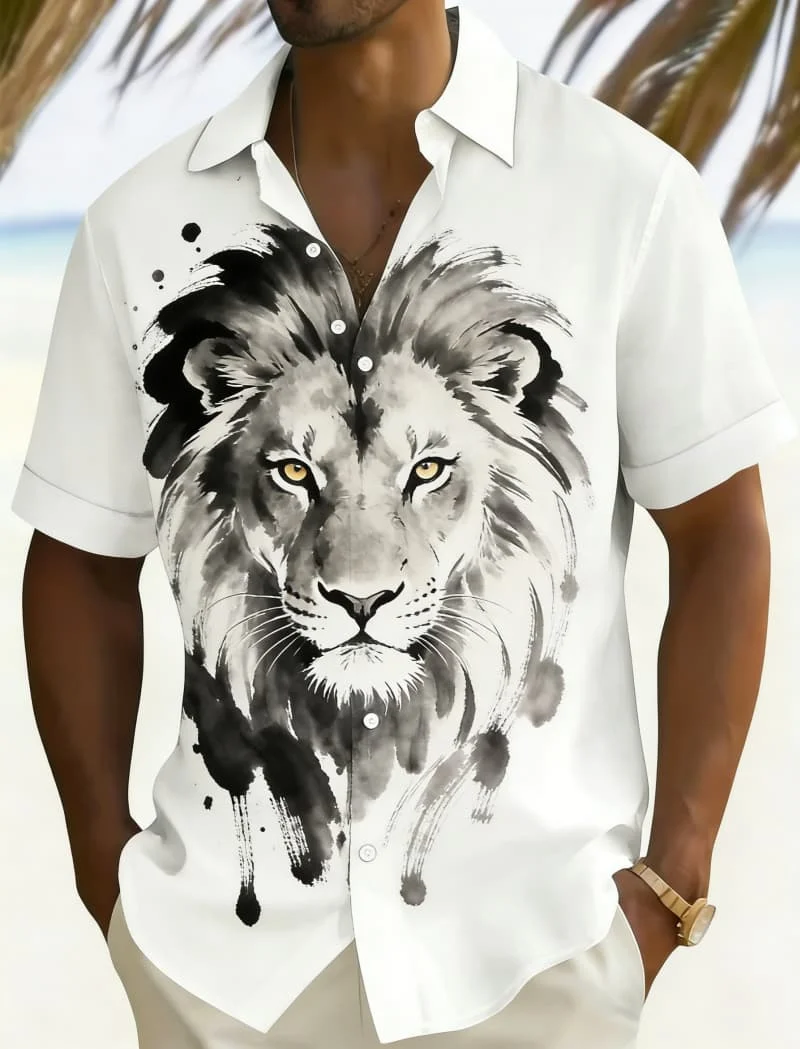 Men's Premium Ink Wash Animal Print Shirt, Luxury Casual Design for Daily Wear, High-End Streetwear & Vacation