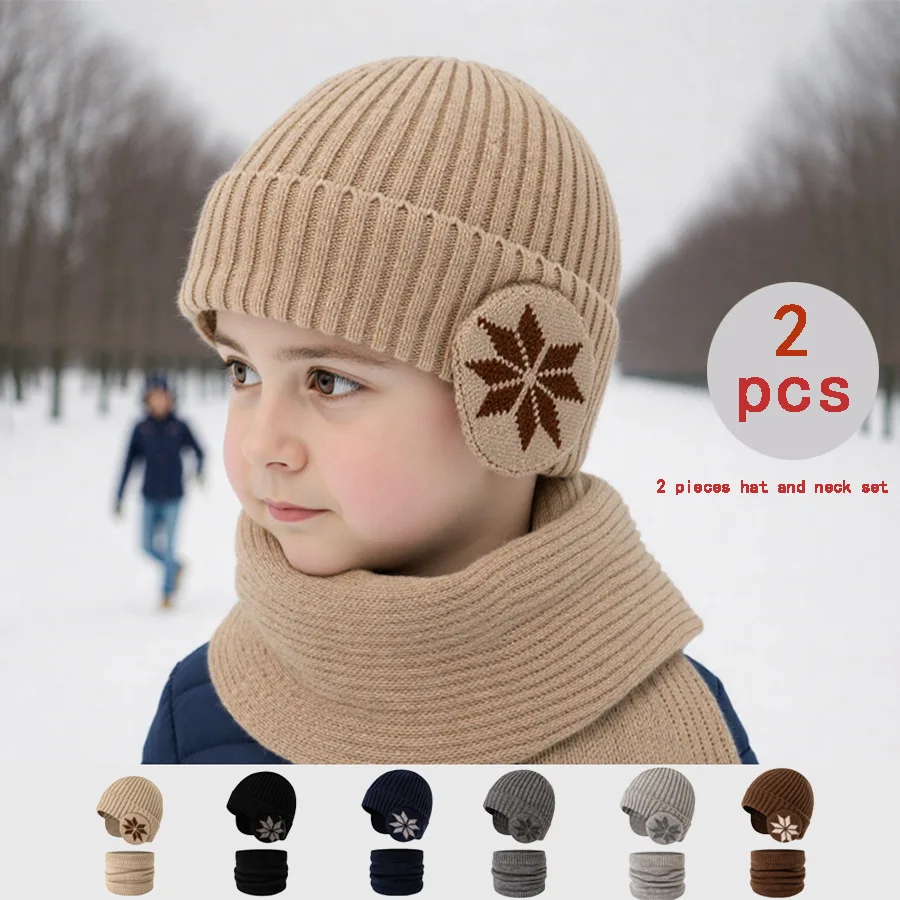 

Snowflake ear-protecting children's hat and scarf 2-piece set, winter outdoor knitted cap with fleece and thickened for cycling