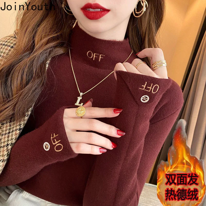 Joinyouth Half-high Collar Women Tops Korean Woman Sweater Long Sleeve Embroidery Pullovers Winter Autumn Bottoming Sweaters