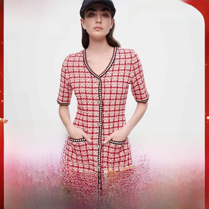 

Женское вязаное шерстяное платье Ele Sweet Autumn Winter в клетку с V-образным вырезом, высокой талией и коротким рукавом, А-силуэт
