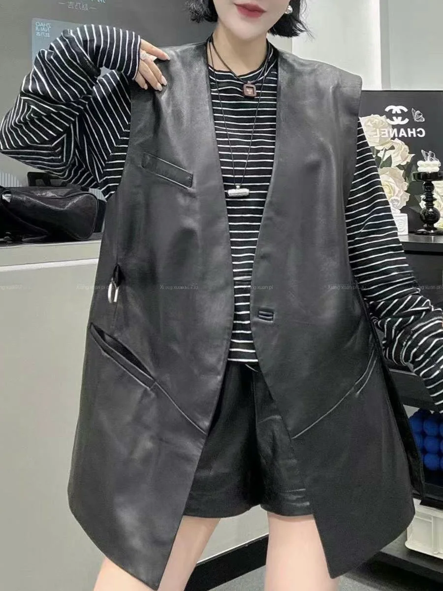 

Новая осенняя женская куртка из натуральной овчины с V-образным вырезом, свободного кроя, средней длины, с простым разрезом, однотонная, для повседневной носки