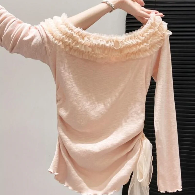 

Kawaii модные топы для девочек, студенческая повседневная женская одежда с героями мультфильмов, женская футболка с длинными рукавами и французской милой кружевной отделкой, весна 2024 г.