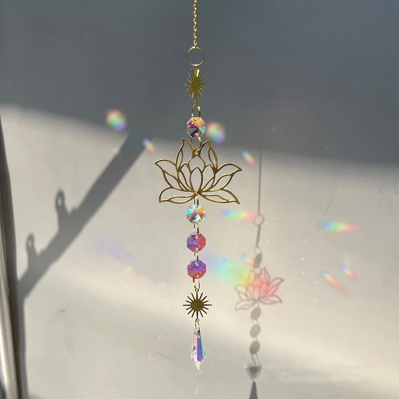 C 1Pc Suncatcher Gardening Crafts Golden Lotus AB Colorful Water Drop Pendant Crystal Decoration Pendant For Home Wedding Garden