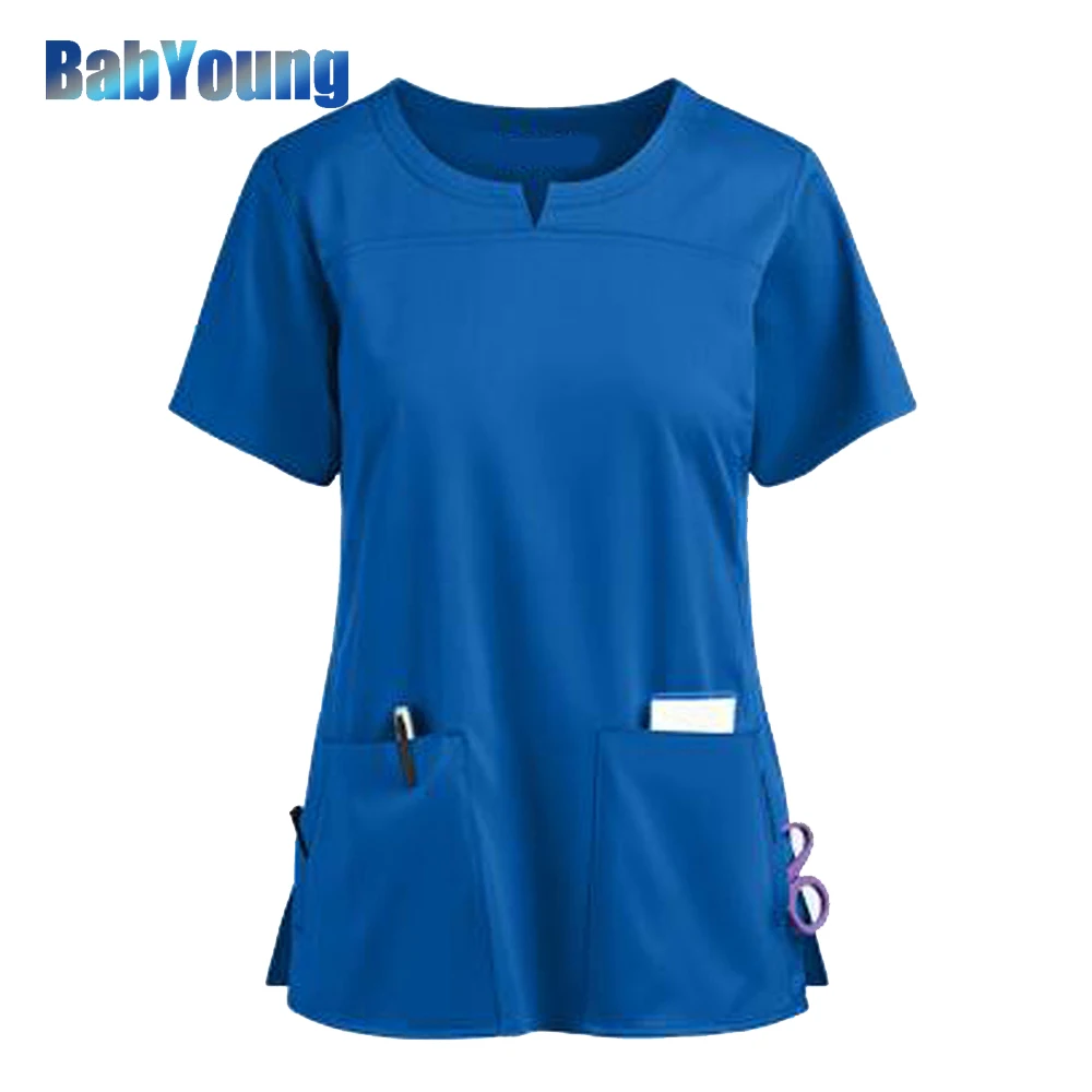 

Plus Size Nursing Scrubs Women Blouse Short Sleeve Working Uniforms Nurse Solid Color Top Tshirt V-neck Pocket A50