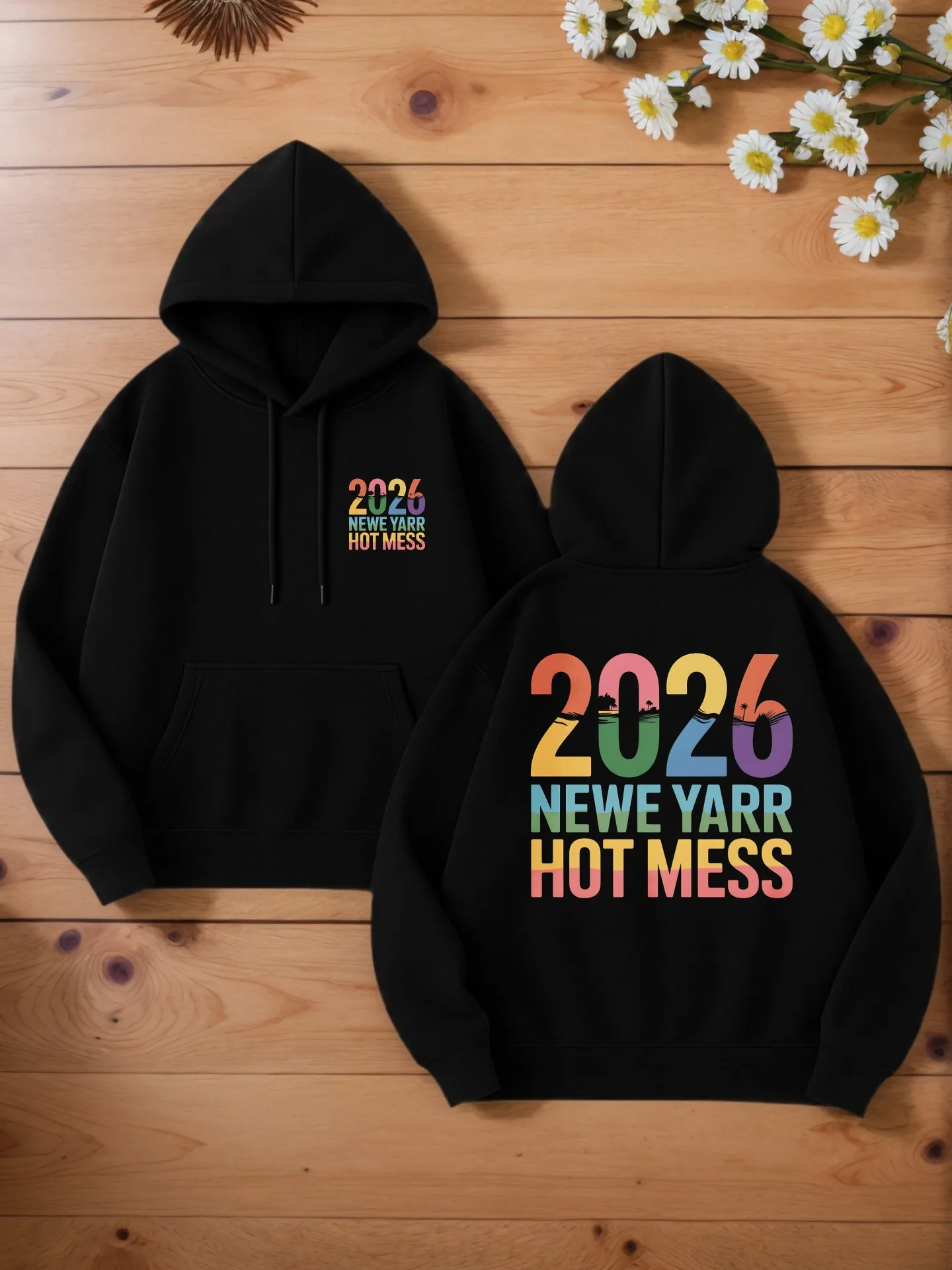 هوديي جرافيك للرجال، طباعة حروف السنة الجديدة 2026، نمط كاجوال، مبطن بالصوف، للرجال للارتداء اليومي