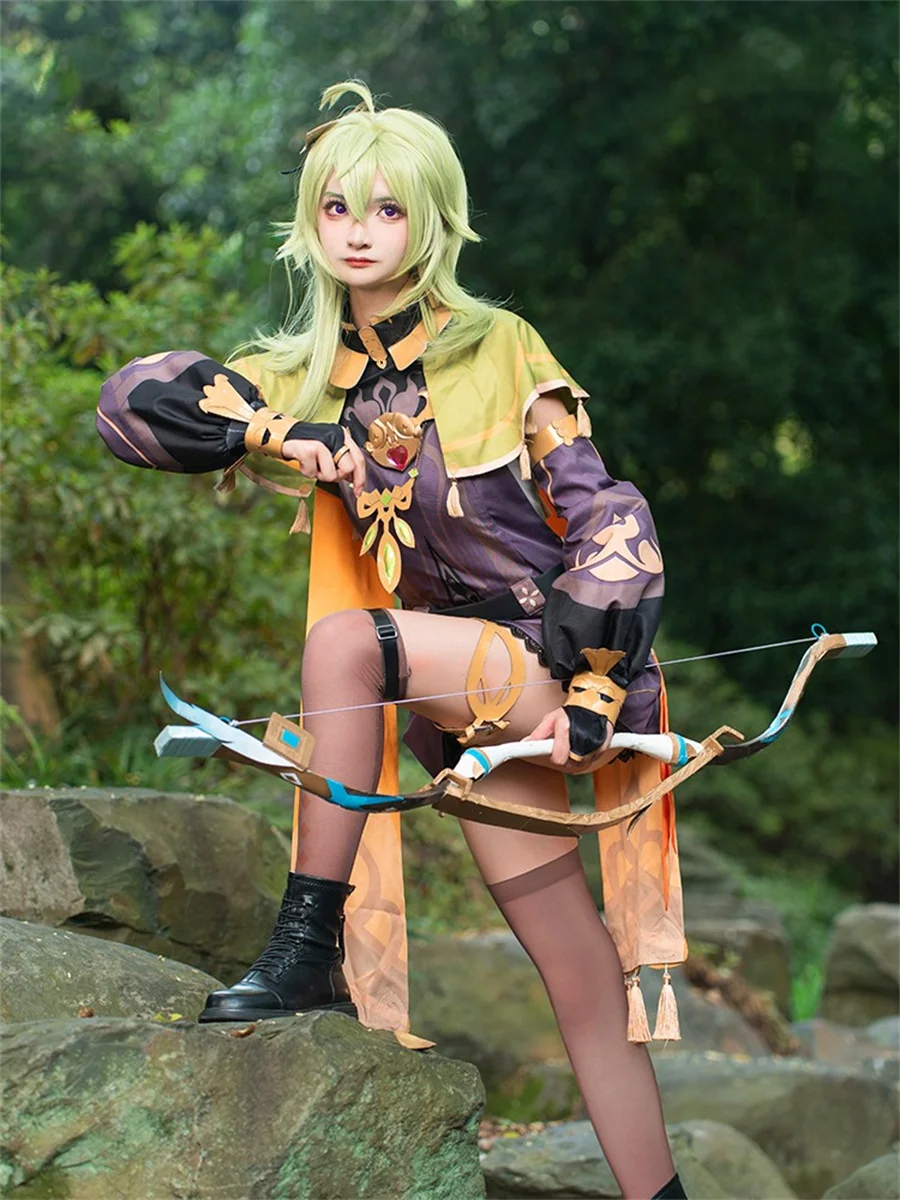 Two  Dimensional   Anime  Genshin Impact Dao Chenglin Trainee Ranger Collei  Cosplay Costume Suit  Women Dress+ Waistband+ Shawl