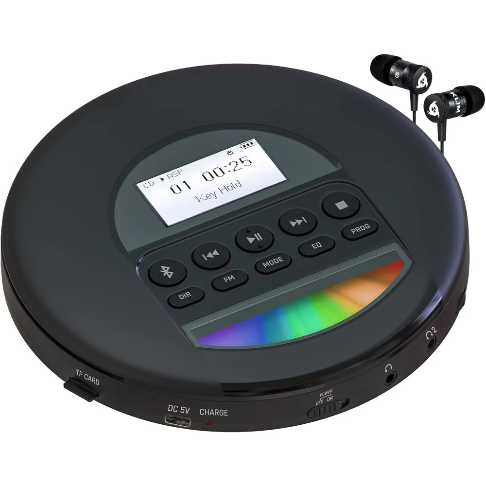 Portable CD Player with Long Battery, Headphones, FM Radio, MP3 Compatibility, TF Card Slot, Bluetooth - Perfect for Cars