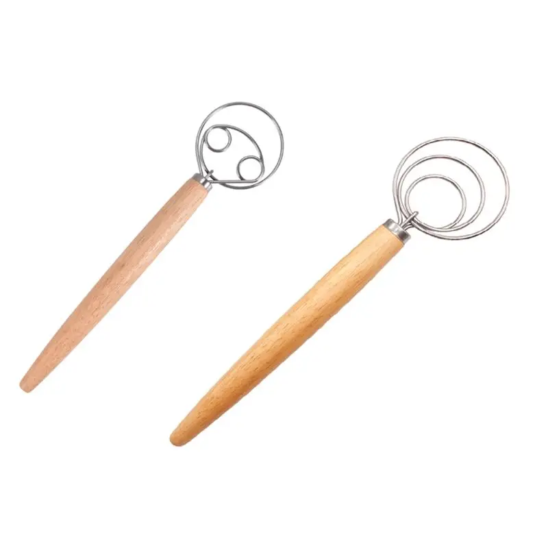 AA14 Dough Whisk Stainless Steel Dough Whisk Dutch Style Bread Dough Hand Mixer Wooden Handle Kitchen