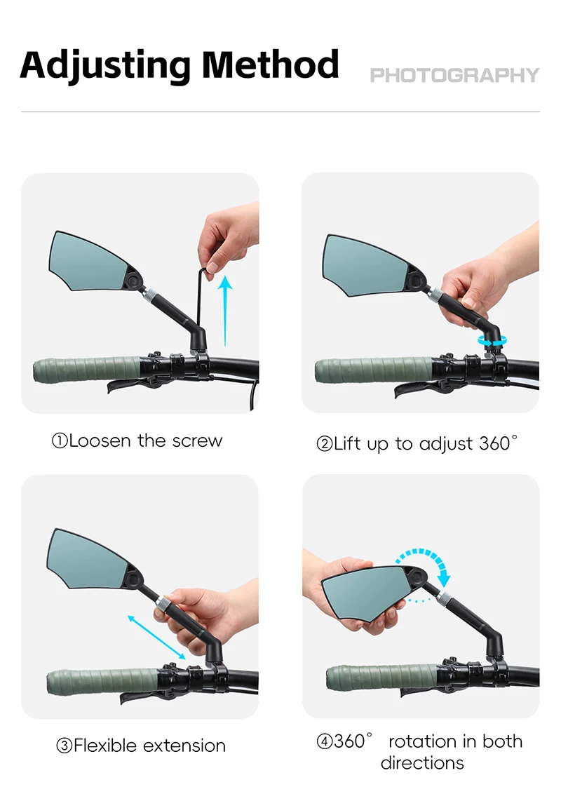 WEST BIKING Blendfreier Fahrrad-Rückspiegel, teleskopisch, flexibel, 360-Grad-Weitwinkel, MTB, E-Bike, Elektroroller, HD-Rückspiegel – Detail 10