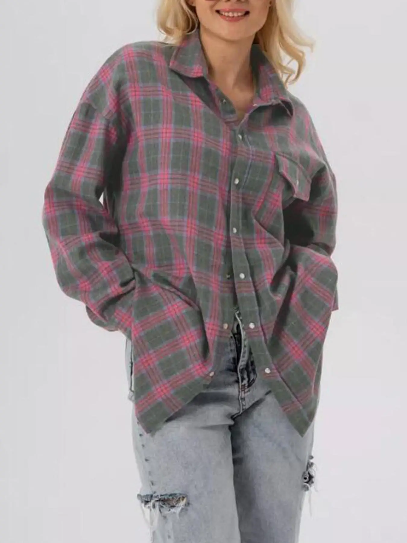 2026 AUTUMN WOMEN'S PLAID LONG SLEEVE SHIRT, VINTAGE VERSATILE LAPEL LOOSE BLOUSE WITH POCKETS