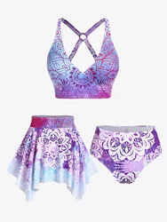 Plus Size Women's Three-Piece Padded Tankini Swimsuit Stripe Colorblock Bikinis Set, Or Purple Ethnic Printed Swimwears