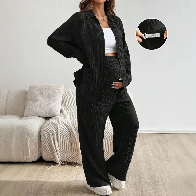 Maternity 2Pcs Set Casual Open Front Shirt Cardigan Loose Trousers Adjustable Waist Pregnancy Clothes for Pregnant Women