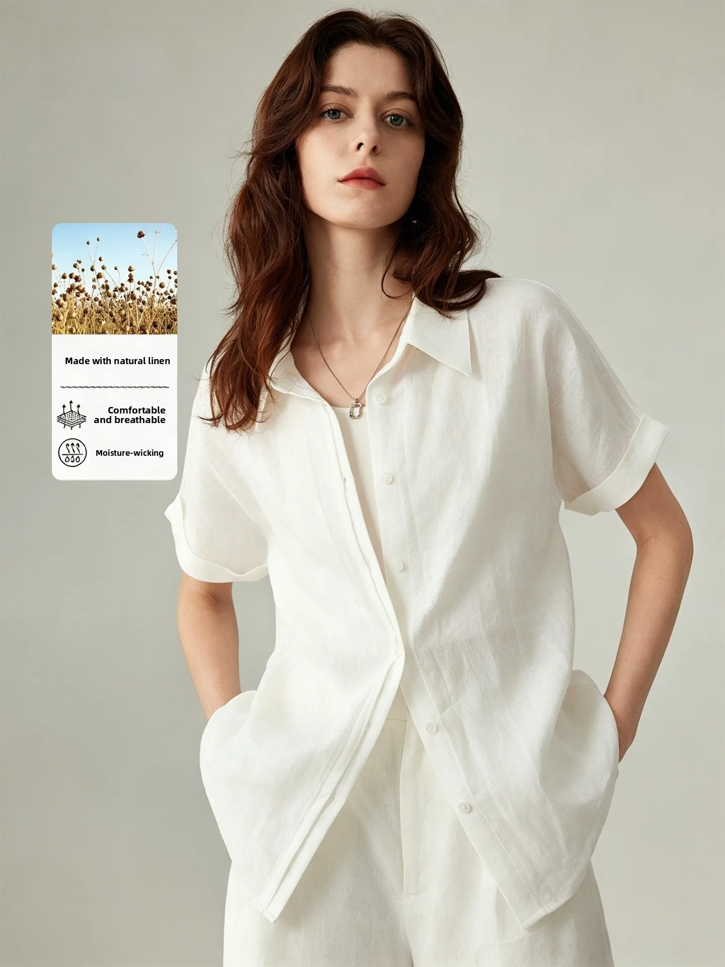 

Yakejia Moonlight White Tea Women's Loose Fit Short Sleeve Shirt Lightweight Summer Business Casual Shirt Cleanfit Style