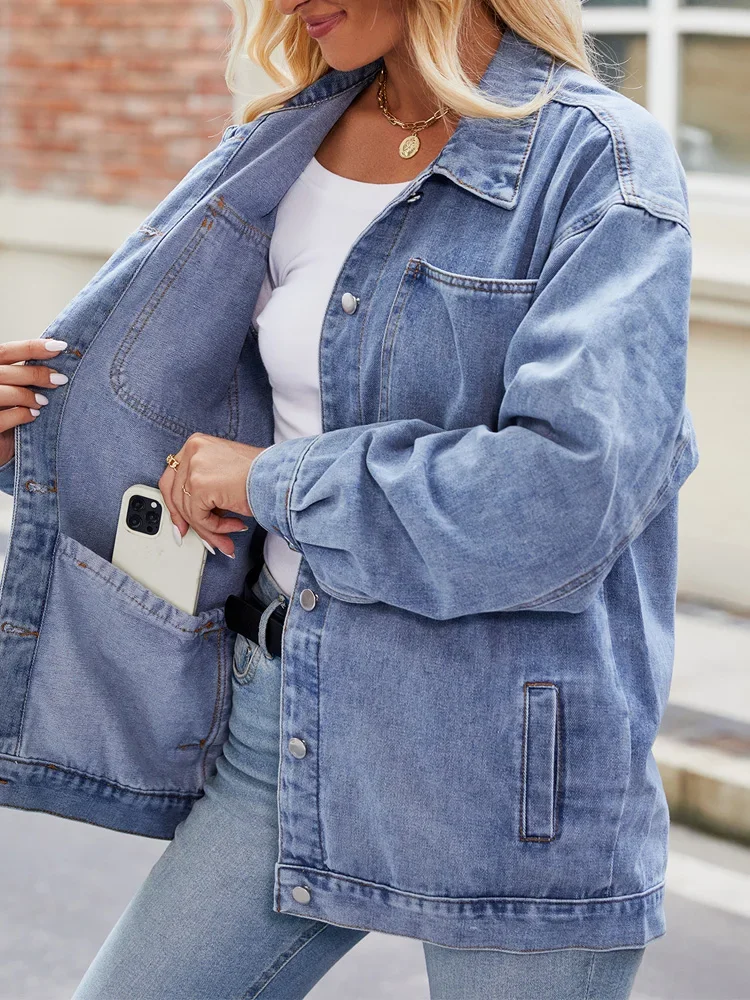 Single Breasted Oversized Denim Jacket Women Spring Fall Vintage Washed Casual Jean Coat Loose Outwear with Pockets