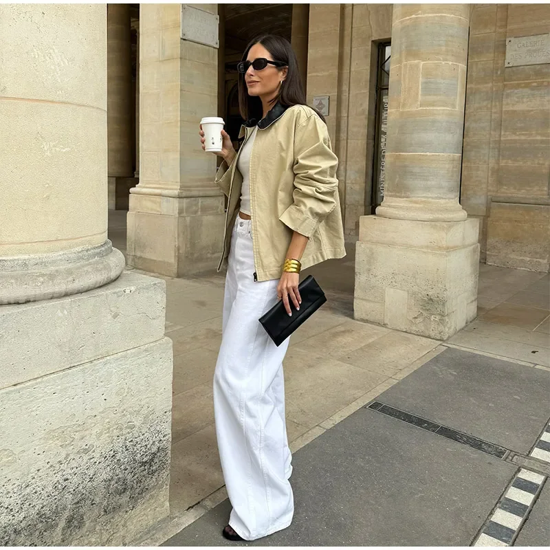 Cross border europeo e americano 2025 Autunno Nuovo prodotto Colletto in pelle PU allentata da donna Splicing Moda casual Top versatile