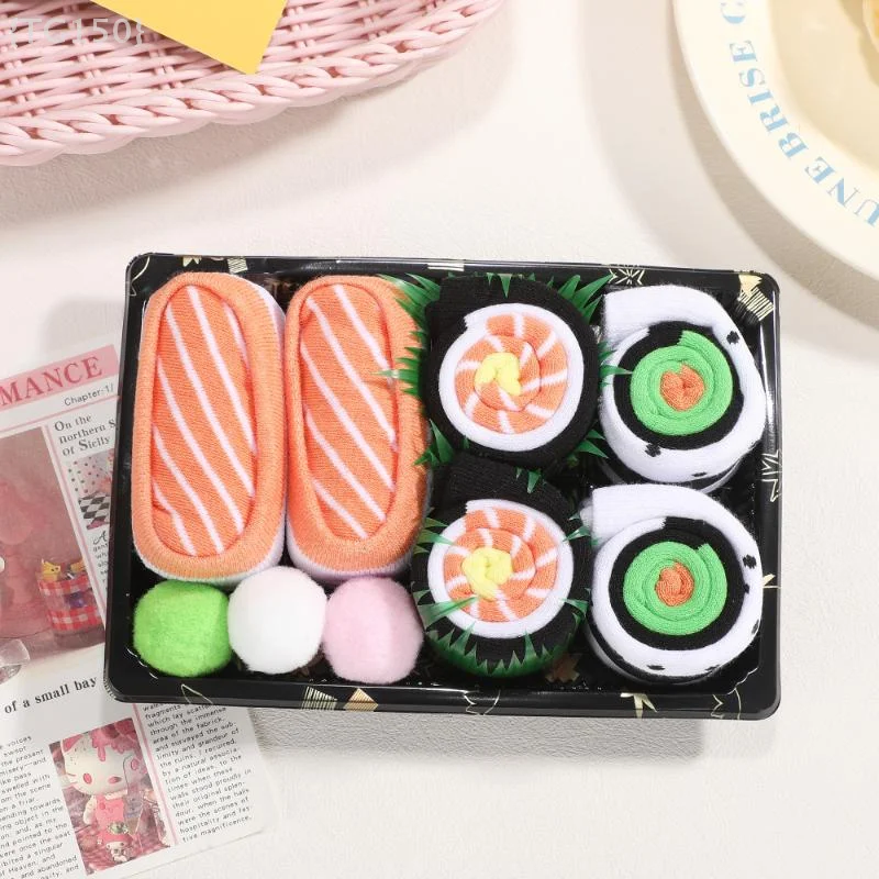 Set regalo di calzini divertenti Harajuku (3 paia) - Y2K Cotone a canna alta con motivo sushi salmone per tutti i giocatori