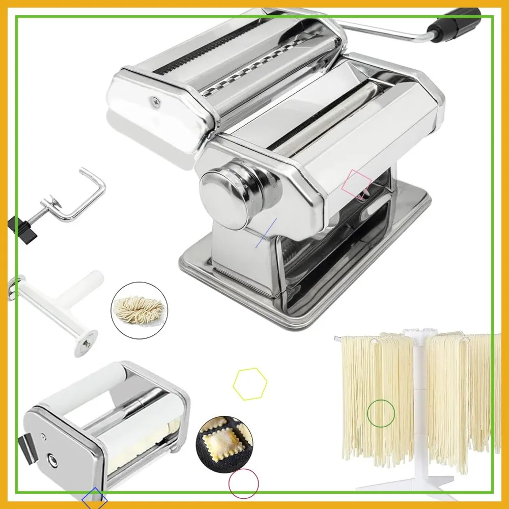 

Manual Pasta Maker with 9 Thickness Settings, Includes Cutter, Ravioli Attachment & Drying Rack