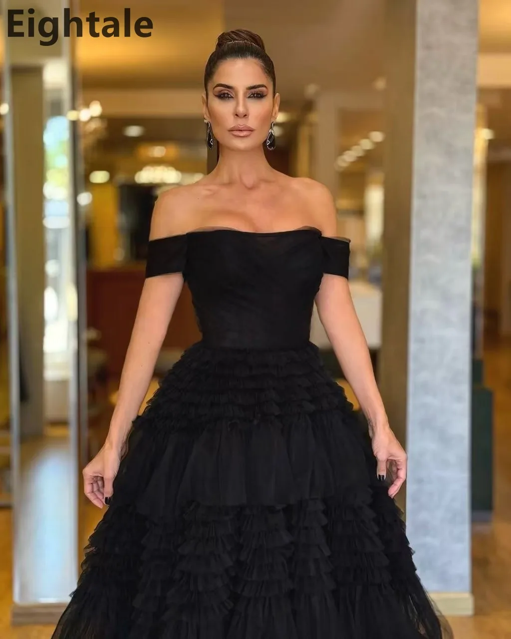 Eightale-vestido de noche de tul negro, vestido de fiesta con hombros descubiertos y volantes escalonados, largo hasta el suelo, Maxi vestido de fiesta personalizado