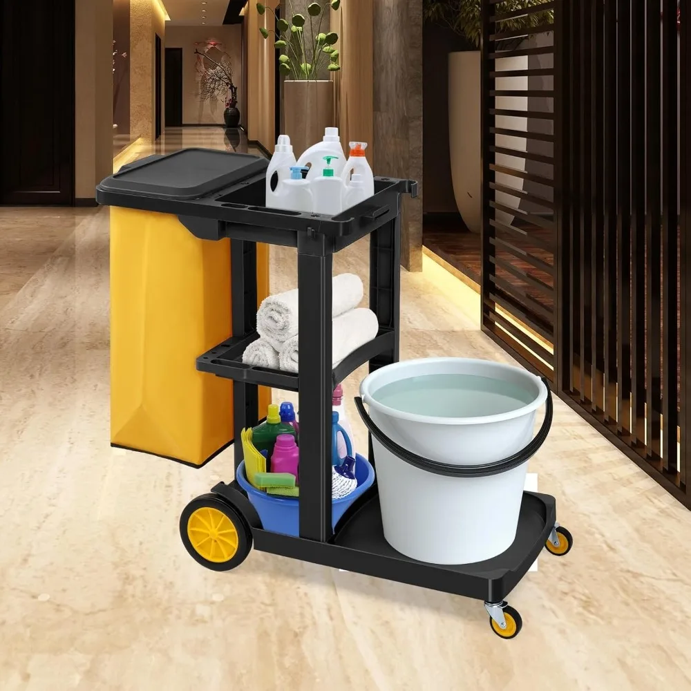 3-Shelf Janitorial Cart with Large 15-Gallon Vinyl Bag Housekeeping Cart Black