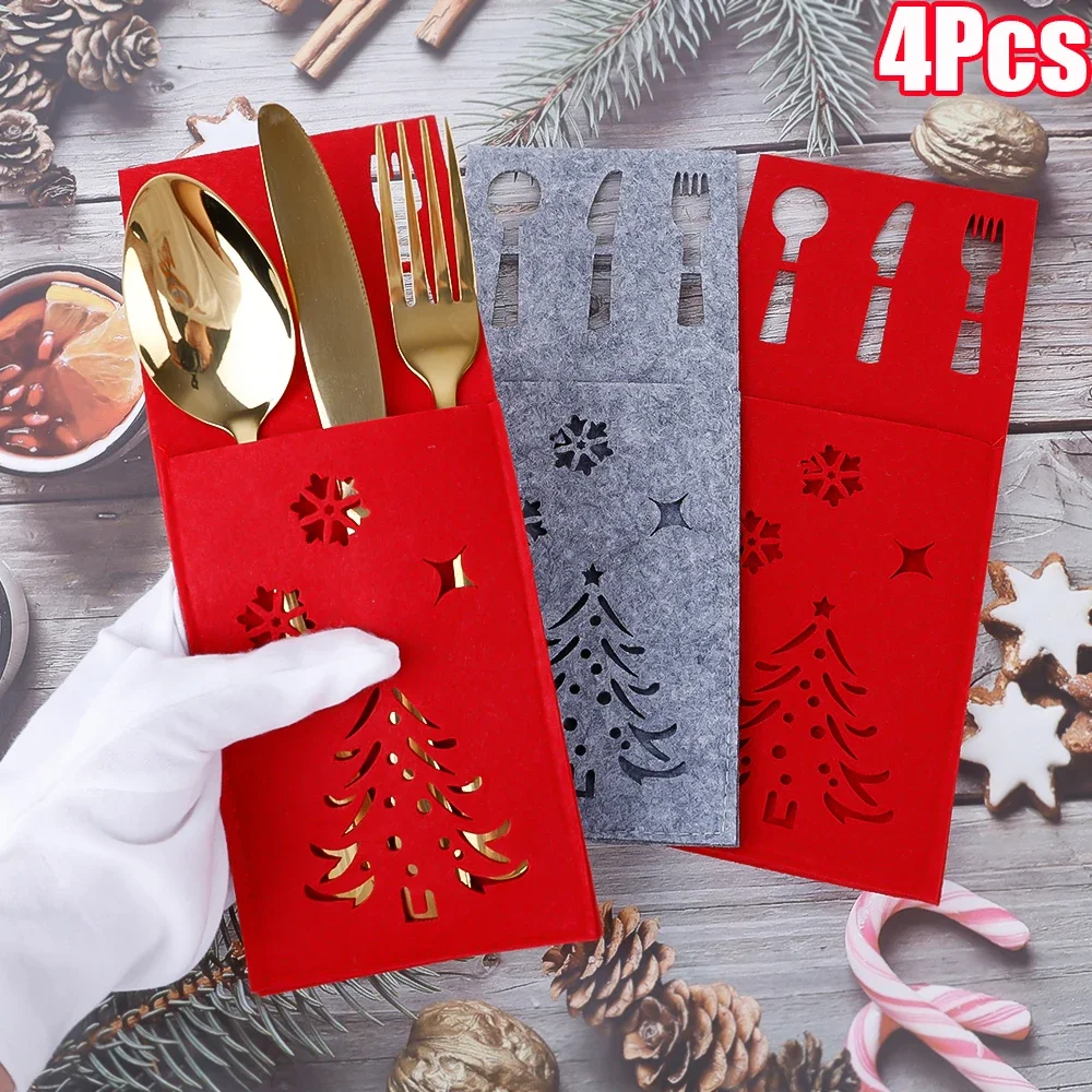 4Pcs Xmas Cutlery Bag Tableware Fork Knife Storage Organizer Dinnerware Cover For Christmas Navidad New Year Table Decorations