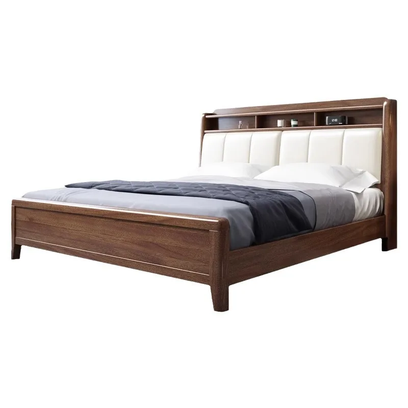 

New Chinese style, solid wood double bed, Chinese style, walnut bed, soft bag, air pressure high box storage