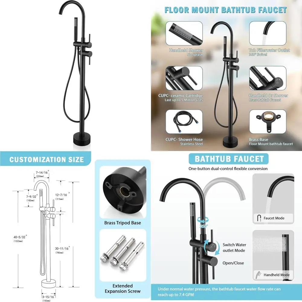 

Freestanding Tub Filler Floor Mount Brass Faucet with Swivel Gooseneck Spout for Modern Bathroom Decor