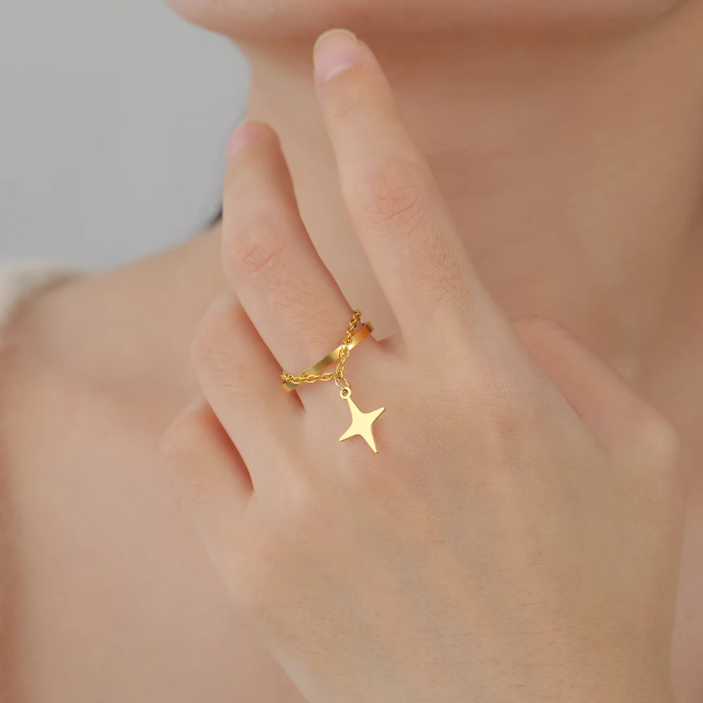 Dawapara Vintage Stern Kette Quaste Verstellbarer Ring Hexagramm Pentagramm Kreuz Charm Edelstahl Damen Schmuck – Detail 11