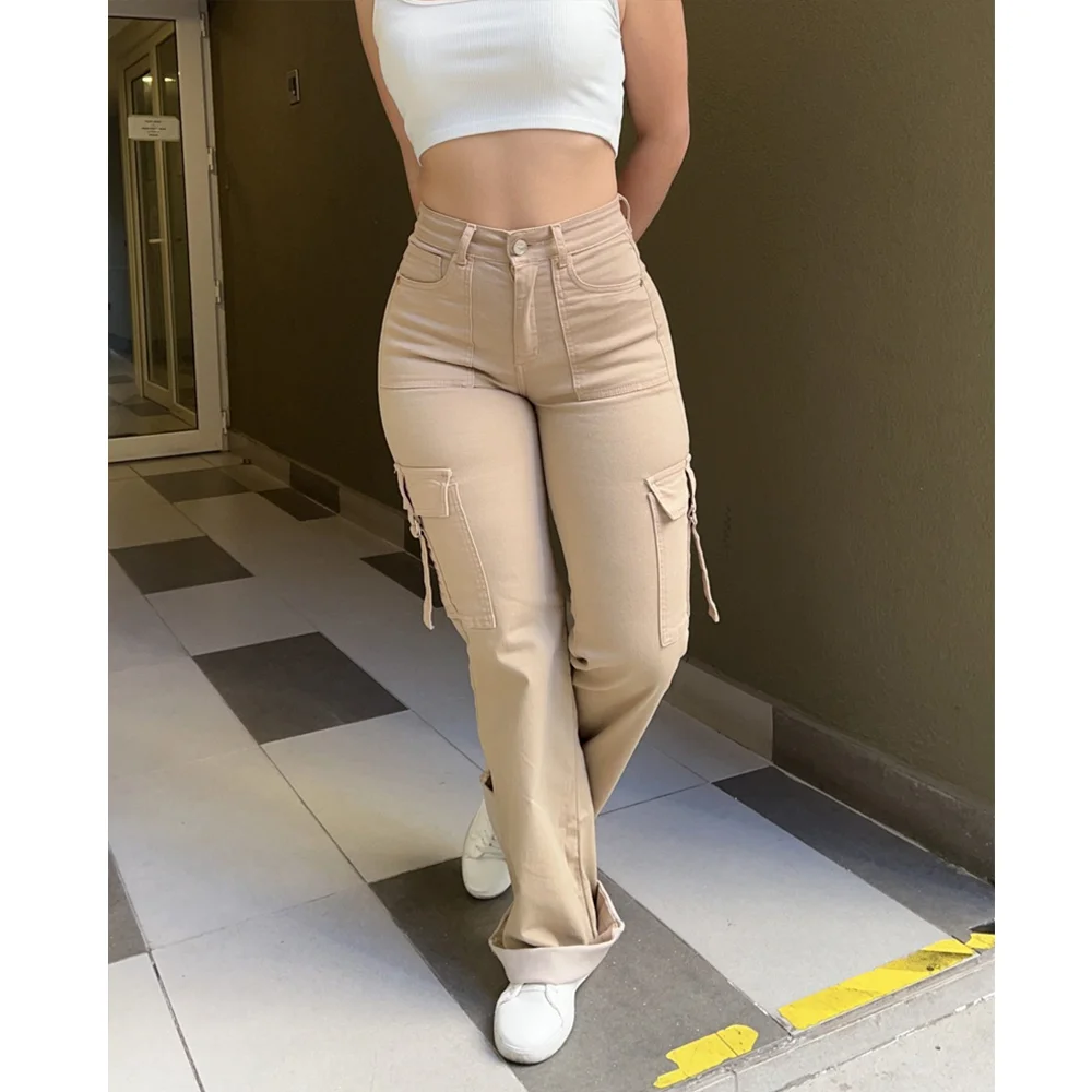 Jeans relevés taille haute de style cargo pour femmes, mode mince, conception de poche droite FjJean, salopette décontractée, pantalon pleine longueur