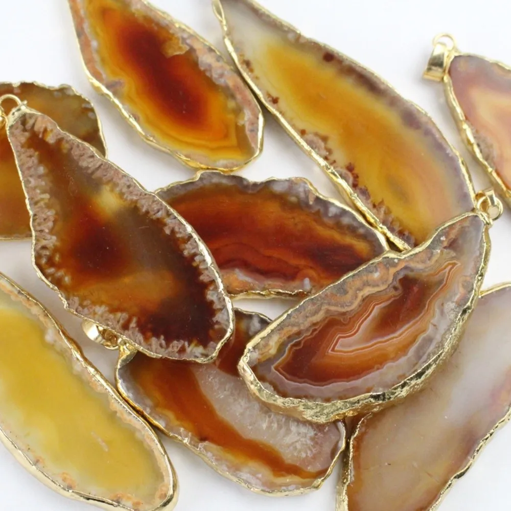 60*40mm Irregular Agate Geode Handmade Necklace Polished Crystal Slice Plated Gold Edged DIY Jewelry Making Agate Wind Chime